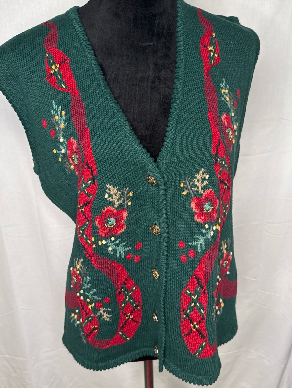 Vintage Susan Bristol Red Geeen Embroidered Flower Vest Size M Christmas